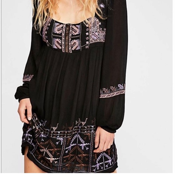 Free People NWT womans Rihannon Black and Purple Embroidered Mini Dress size M - Picture 1 of 4